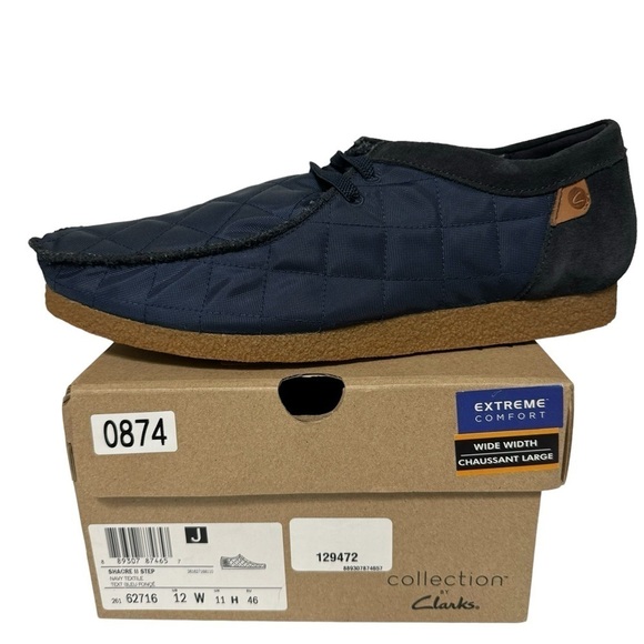 NIB Clarks Shacre II Step Moc Slip-On Suede Textile Loafers Blue Size 12 Wide - Picture 1 of 15
